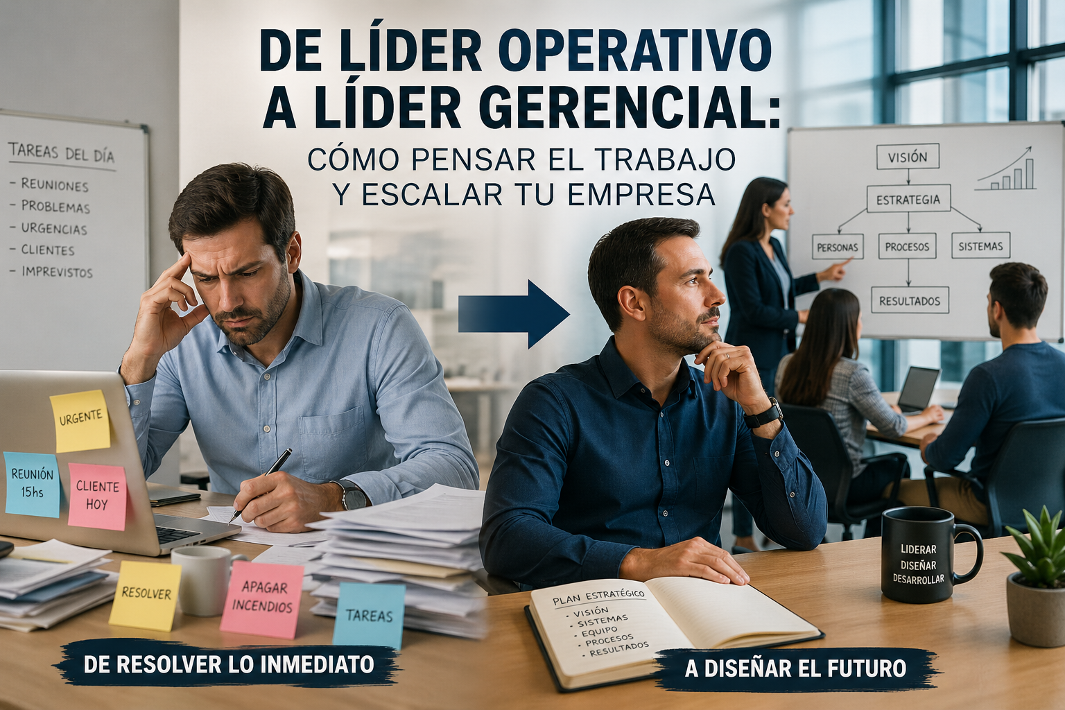 Dueño de PyME pasando de líder operativo a líder gerencial con su equipo