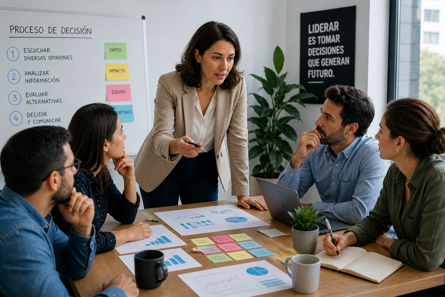 Líder gestionando opiniones del equipo para tomar decisiones profesionales
