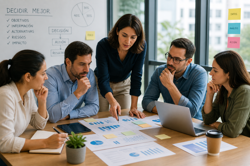 Líder y equipo analizando información para mejorar la toma de decisiones profesionales